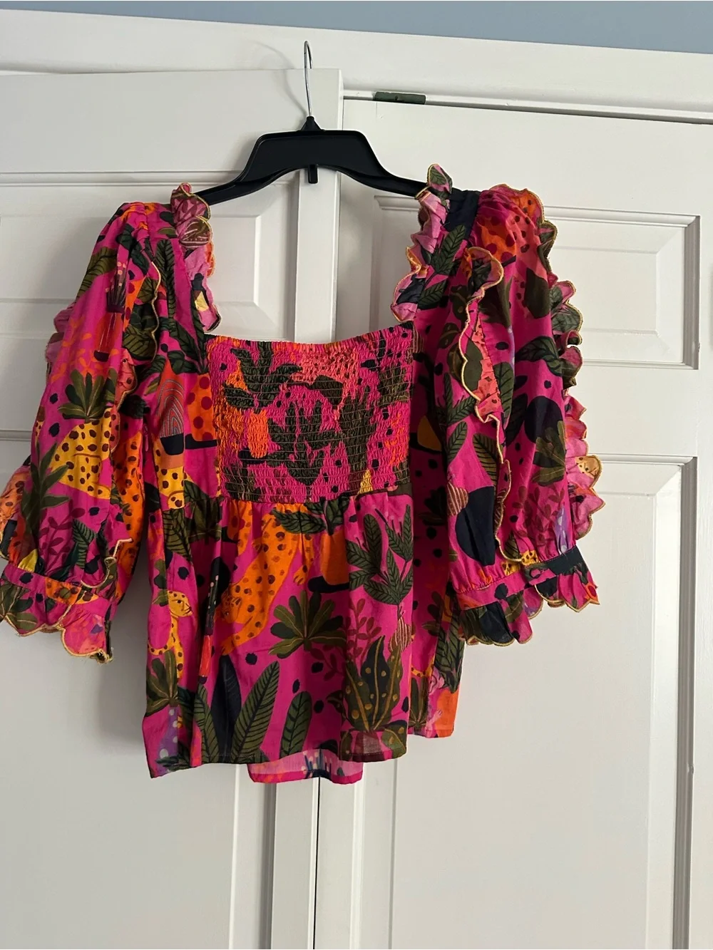 FARM Rio Hot Pink Tropical Puff-Sleeve Peplum Top